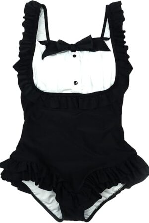 Cute One Piece Swimsuits Womens Lolita Maid Cosplay Lingerie Sexy High Waisted Vintage Bathing Suit
