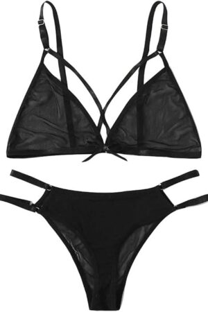 Women's Sexy Mesh Lingerie 2 Piece Exotic Outfits Strappy Bralette Bra and Panty Underwear Set See Through Nightwear