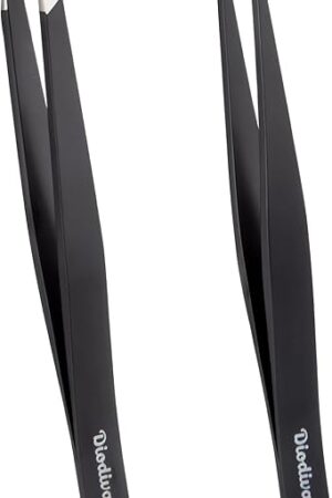 2-Pack Tweezers for Eyebrows, Facial Hair, Ingrown Hair Removal, Slant and Point Tip Tweezer Set for Women and Men, Professional Stainless Steel Precision Eyebrow Plucking Grooming with Case - Black