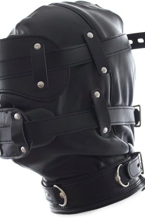Black Leather Bondage Hood with Silicone Dildo Gag and Blindfold, Bondage Restraints Toys Sex Hood for Women and Men (Style-1)