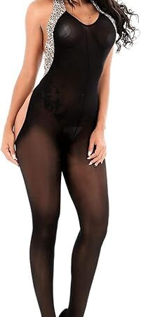 Women's Sexy Neck Dress Leopard Chemises & Negligees Stretch Suspender BodyStocking Sexy Bodysuit Tights