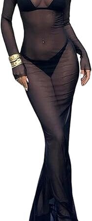 Women's Sexy See Through Mesh Dress Long Sleeve Bodycon Club Party Maxi Dresses Swimwear Cover Up