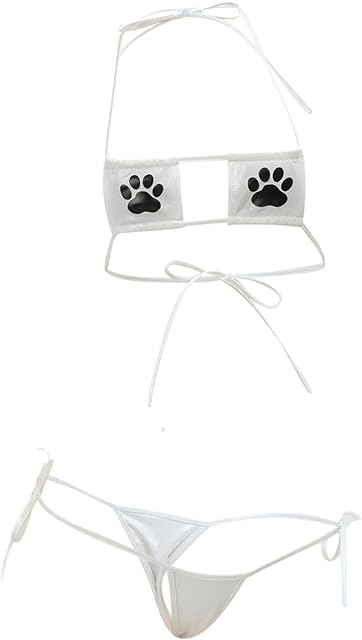 Women's Japanese Anime Cat Paw Printed Micro Bikini Lingerie Set Sexy Intimate Activities Cosplay
