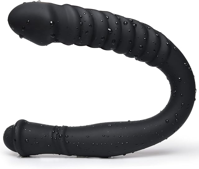 Double Ended Dildo 16.53 inch Dong Ribbed Butt Plug with Glans for Anal Vagina Stimulation Double Side Cock Penis Prostate Massager Sex Toy for Lesbian Men Women, Black, TJIJP
