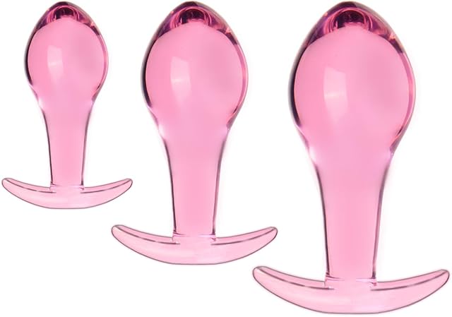 Glass Anal Trainer Set 3 Pcs Anal Plugs with Boat-Shaped Safety Base Crystal Butt Plug Anal Sex Toy Suitable for Beginners for Anal Training (Pink)