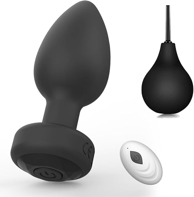 2PCS Anal Plug Vibrator & Enema Douche Set ? Remote Control Silicone Butt Plug with 10 Vibration Modes, Prostate Massager and Anal Cleanser for Men, Women, Couples