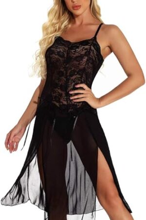 Women Lingerie Large size lingerie sexy open slit lace mesh halter long skirt nightdress