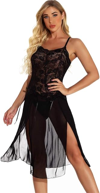 Women Lingerie Large size lingerie sexy open slit lace mesh halter long skirt nightdress