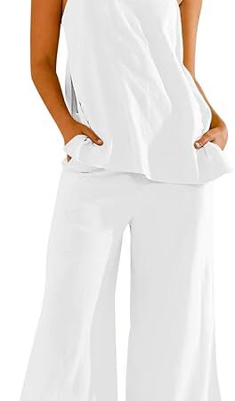 Womens Cotton Linen 2 Piece Outfits Side Split Cami Tank Tops Wide Leg Pants Set with Pockets Going Out Resort Wear