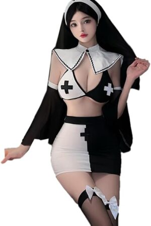 Womens Sexy Nun Costume for Women Sexy Nun Lingerie Set Fancy Dress Bra and Skirt Halloween Goth Dress
