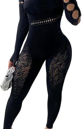 Women's Sexy Long Sleeve Jumpsuit, One Shoulder Sexy Bodycon Jumpsuit See Through Mesh Party Club Outfit