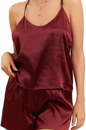 Womens Sexy Pajamas for Women, Two-piece Sleepwear Satin Silk Pajamas Cami Tops Shorts Pj Sets (XS-XXL)