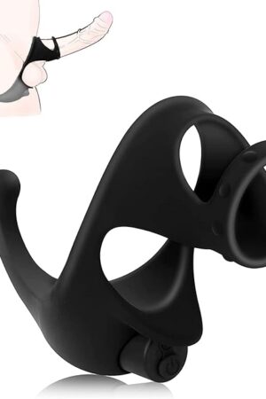 Vibrating Dual Penis Ring with Taint Teaser, Stretchy Cock Ring Vibrator Stimulate Anus Scrotum Silicone Dildo Vibrator for Longer Harder Stronger G Spot Stimulator Adult Sex Toys for Male and Couples