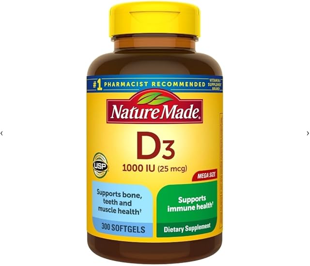 Vitamin D3, 300 Softgels, Vitamin D 1000 IU (25 mcg) Helps Support Immune Health, Strong Bones and Teeth, & Muscle Function, 125% of the Daily Value for Vitamin D in Only One Daily Softgel