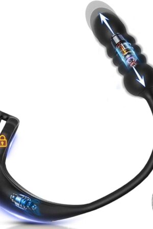 Black Telescopic Anal Bead Vibrator with 2 Cock Rings, Rechargeable Prostate Vibrator Adult Sex Toy with 9 Vibration Modes & Telescopic