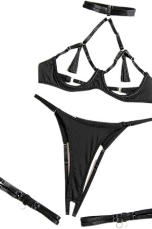Fun Lingerie, Sexy Hollowed Out Breast Revealing Tassels, Tempting Opening Lingerie (Black, Large)