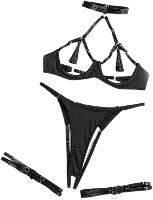 Fun Lingerie, Sexy Hollowed Out Breast Revealing Tassels, Tempting Opening Lingerie (Black, Large)