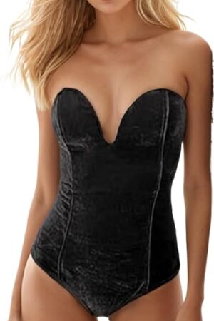 Womens Sexy Velvet Sweetheart Neck Bodysuit Bandeau Cross Back Leotard Bustier Top