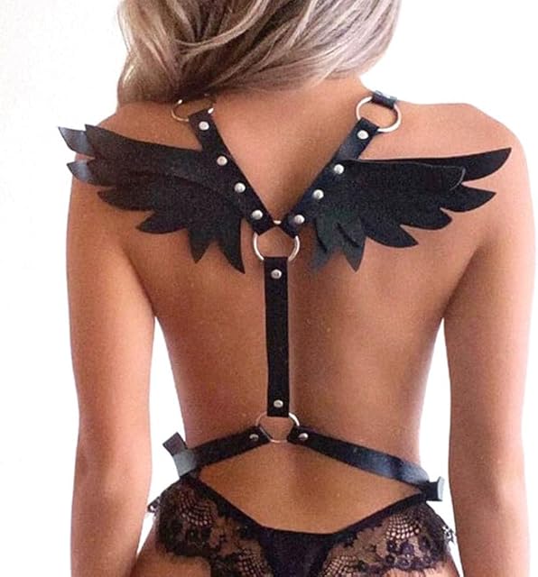 Women's Body Chest Harness Belt with Angel Wings, Adjustable Faux Leather Body Caged Neck Waist Harness Bondage Strap for Ladies, BDSM SM Roleplay Cosplay Costume Rave Masquerade Party Fetish Clubwear