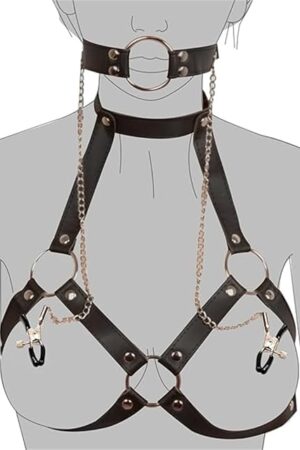 Bondage Restraints BDSM Sex Toys, Adjustable 4 in 1 Punk Chest Waist Harness, Nipple Clamp, Neck Collar, and Open Mouth Gag Flirting Toys Bondage Gear & Accessories for Adult Couples