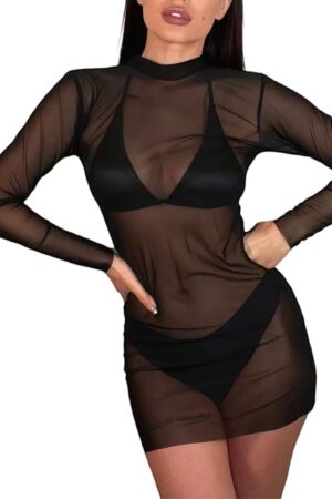 Women's Mesh Dress Lingerie Sheer Mini Bodycon Long Sleeves Sexy Clubwear See Through Mock Neck Night Party Outfits