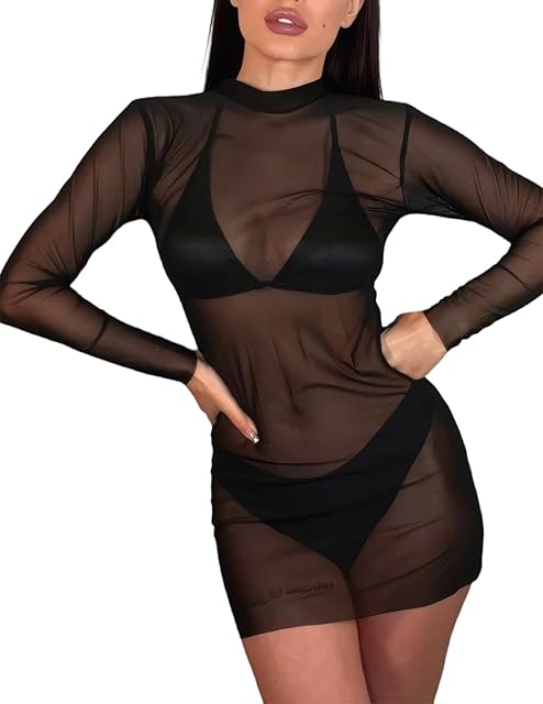 Women's Mesh Dress Lingerie Sheer Mini Bodycon Long Sleeves Sexy Clubwear See Through Mock Neck Night Party Outfits