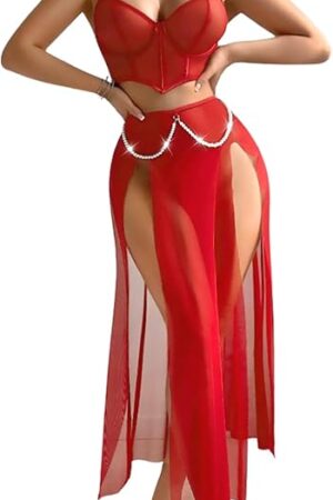 High Slit Sexy Lingerie For Women,Sheer Mesh Corset & Pearl Skirt Set,3 Piece Boudoir Outfits Exotic Dancewear