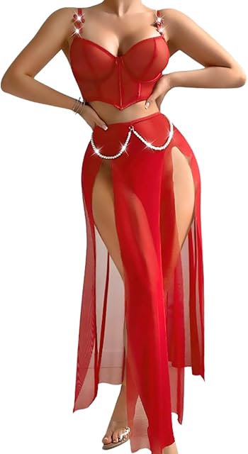 High Slit Sexy Lingerie For Women,Sheer Mesh Corset & Pearl Skirt Set,3 Piece Boudoir Outfits Exotic Dancewear