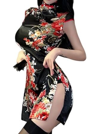Women's cosplay sexy high slit cheongsam underwear lace mesh velvet Chinese dress