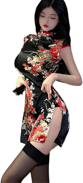 Women's cosplay sexy high slit cheongsam underwear lace mesh velvet Chinese dress