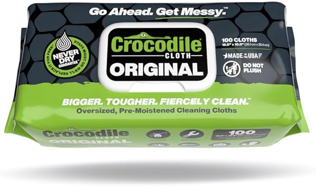 Crocodile Cloth Original Cleaning Wipes ? 100 (15? x 10?) Hand & Tool Industrial Cleaning Wipes ? Large Multi-Surface Cleaning Cloths, Water-Based Solution with Extreme Cleaning Power ? Safe on Skin