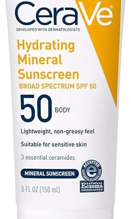 CeraVe 100% Mineral Sunscreen SPF 50 with Zinc Oxide & Titanium Dioxide, Hyaluronic Acid & Ceramides, Oil Free & Non-Greasy, Hydrating Mineral Sunscreen For Body, 5 oz