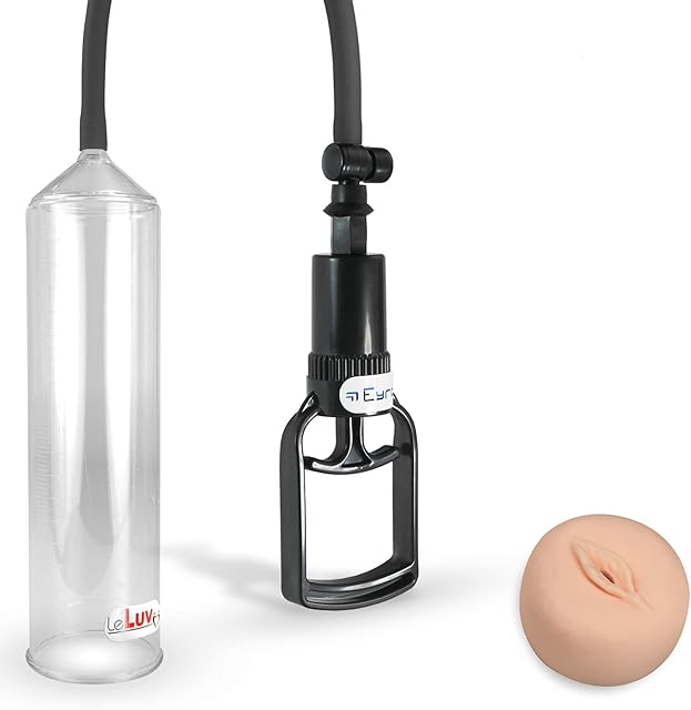 Bundle of 2 Items: LeLuv EasyOp Vacuum Pump 2.25 Inch x 9 Inch Cylinder | TGrip Handle Premium Smooth Silicone Hose with Realistic Vagina Donut