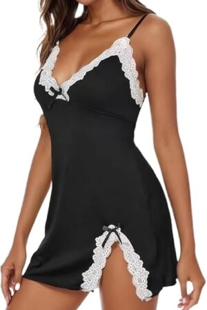 Women's Sexy Lingerie Babydoll V Neck Side Slit Sleepwear Cotton Nightgowns Slip Dress Chemise, Black
