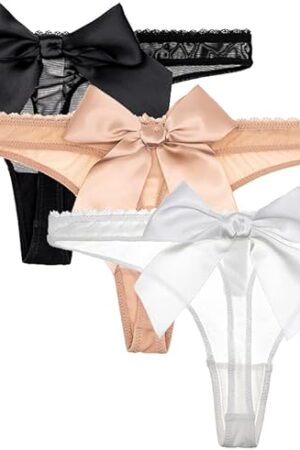 Women's Lace Bow Thongs Underwear T Back Low Waist See Through Panties Sexy Cute Tangas