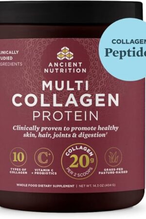 Ancient Nutrition Collagen Peptides Powder, Multi Collagen Protein, Women & Men, Vitamin C, Probiotics, Hydrolyzed Collagen, Supports Skin, Joints, Gut Health, Unflavored, 40 Servings