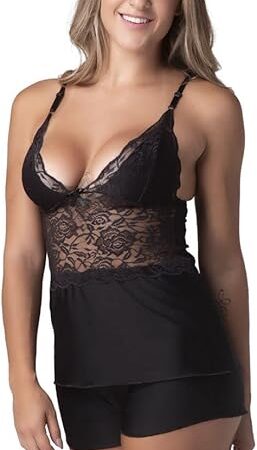 Womens Sexy Pajama Camisole and Short Set Lace Sleepwear US Medium Black