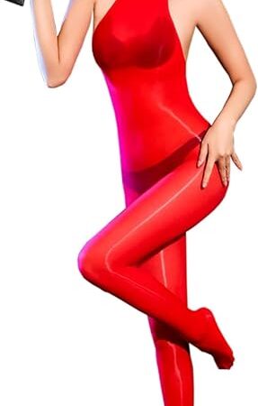 Women's Oil Shiny Bodystocking Women Sexy Neck-Hanging Sheer Full Body Stockings Shiny Pantyhose