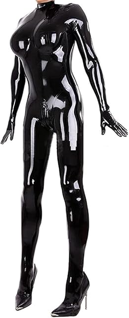 Women's Sexy Wetlook PVC Catsuit Shiny Zipper Crotch Bodysuit Jumpsuit with Gloves Clubwear