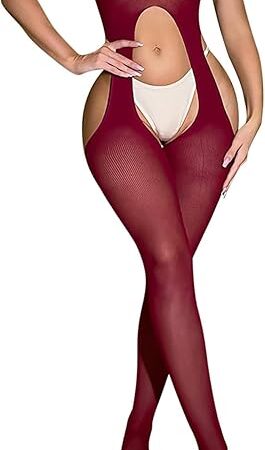 Women Sexy Bodystocking Suspenders Sheer Lingerie Garter Cutout Bodysuit UNeck One Piece Jumpsuit Attached Stockings
