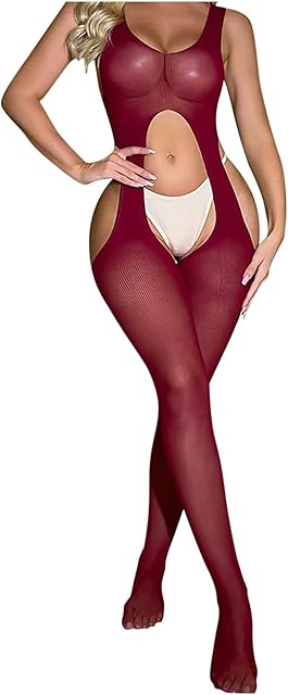 Women Sexy Bodystocking Suspenders Sheer Lingerie Garter Cutout Bodysuit UNeck One Piece Jumpsuit Attached Stockings