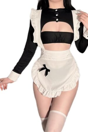French Maid Lingerie Set - Adjustable Costume for Petite, Playful with Stockings Garter (One-Size)