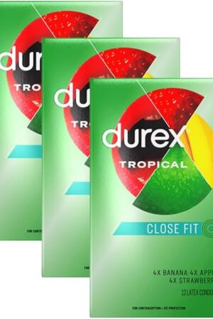 Durex Tropical Condoms, Natural Rubber Latex Condoms for Men, FSA & HSA Eligible, Exciting Flavors, 12 Count (Pack of 3)