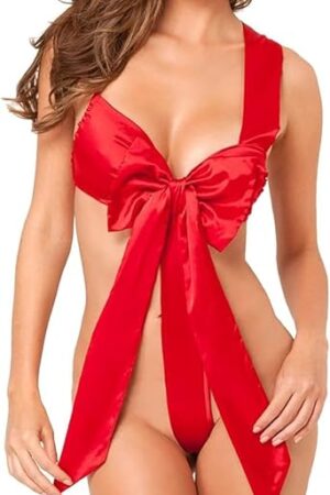 Women's Sexy Satin Unwrap Me Babydoll Lingerie Bowknot Teddy Bodysuit Underwear One Piece Backless Nightwear Red Big Bow Gift Naughty Sleepwear for Ladies Valentine's Day Christmas Outfit