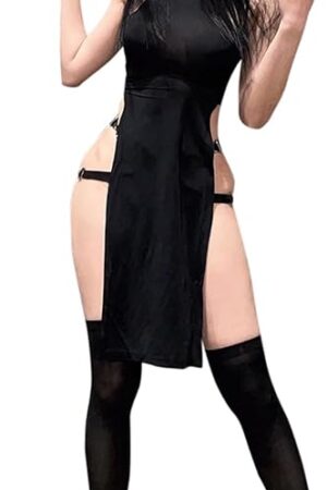 Women High Slit Goth Tank Dresses Anime Lingerie Devil Cosplay Costume Roleplay Outfit With Stocking