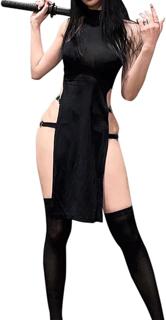 Women High Slit Goth Tank Dresses Anime Lingerie Devil Cosplay Costume Roleplay Outfit With Stocking