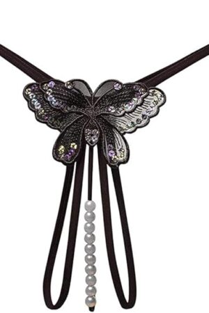 Fashion Women Sexy Underwear Cutout Pendant Pearl Beads Embellished Lace Butterfly G-String Thong Underpants Pink