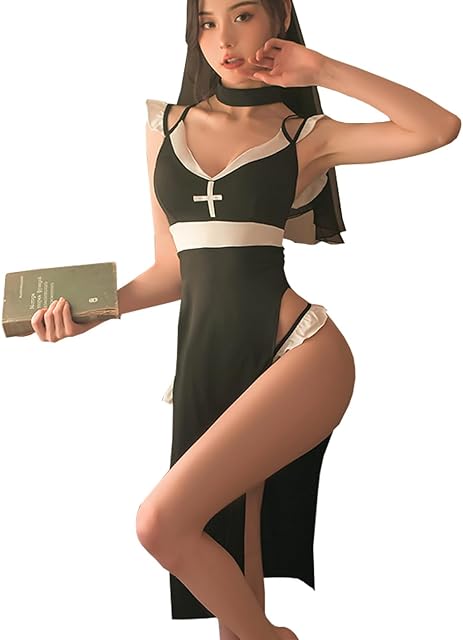 Women Sexy Cosplay Lingerie Nun Costume Outfit Roleplay Anime Devil Goth High Slit Dress