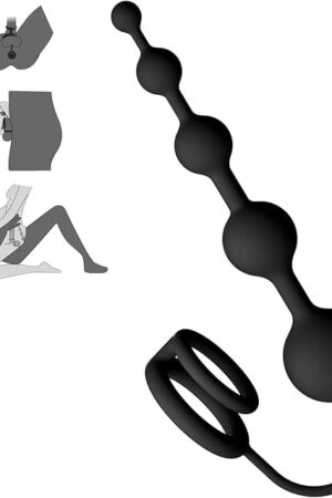 Anal Beads Butt Plug with Penis Cock Rings Adult Anal Sex Toys for Women Men, Flexible Silicone Anal Plug Prostate Massager Graduated Design Bullet G Spot Stimulor for Couples Play-Black