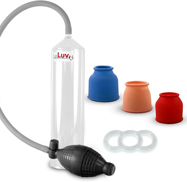 LeLuv Easyop 2.25 Inch by 9 Inch Clear Cylinder Penis Pump Black Bgrip Handle and Uncollapsable Silicone Hose | 3 Sizes of Sleeve 1 Inch to 1.5 Inch, Number 6 (.75 Inch) Ring